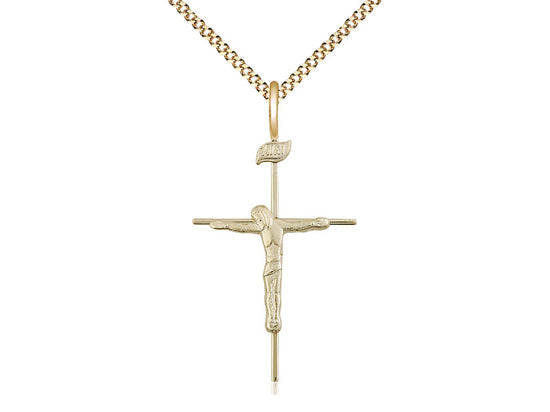 14kt Gold Filled Crucifix Medal on a Gold Filled Heavy Curb Chain - JMJs Catholic Store, Inc