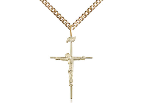 14kt Gold Filled Crucifix Medal on a Gold Filled Heavy Curb Chain - JMJs Catholic Store, Inc