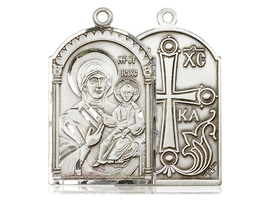 Sterling Silver Mother of God Pendant on a 24-Inch Light Rhodium Heavy Curb Chain - JMJs Catholic Store, Inc