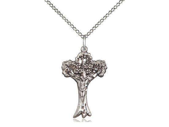 Sterling Silver Crucifix Pendant on an 18-Inch Sterling Silver Light Curb Chain - JMJs Catholic Store, Inc
