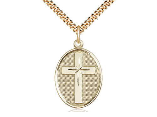14kt Gold Filled Cross Pendant on a 24-Inch Gold Plate Heavy Curb Chain - JMJs Catholic Store, Inc