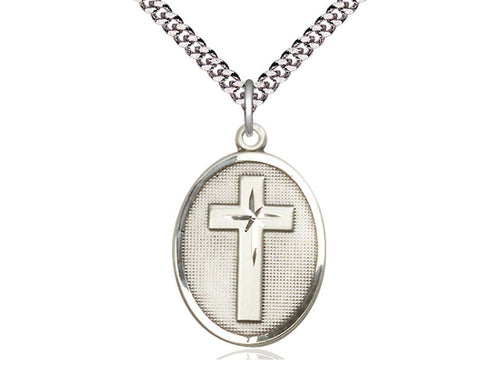 Sterling Silver Cross Pendant on a 24-Inch Light Rhodium Heavy Curb Chain - JMJs Catholic Store, Inc