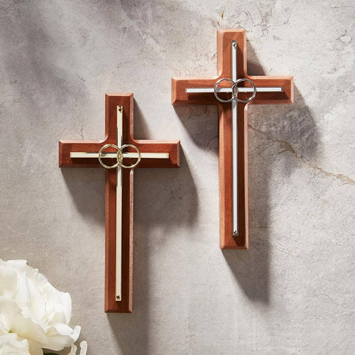 Overlay Wedding Cross With Gold Rings: Wood, Gold Plate / 4-1/2" W x 8" H - JMJs Catholic Store, Inc