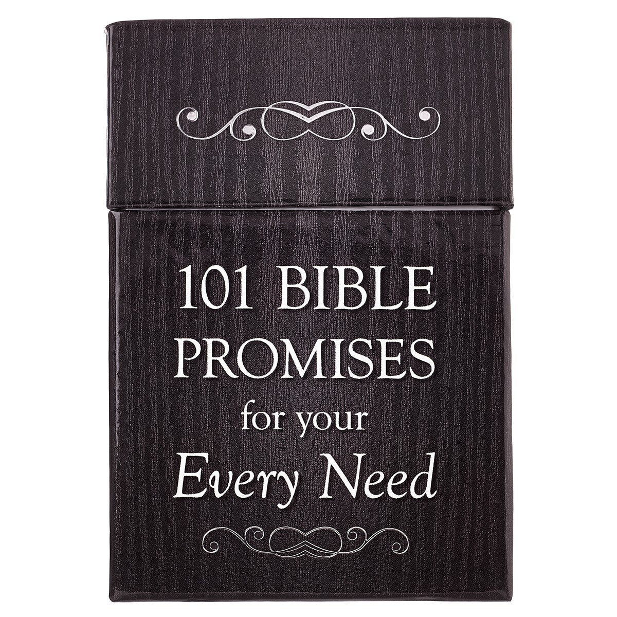 Black sturdy lidded box with white text "101 Bible Promises for your Every Need" and decorative scroll accents
