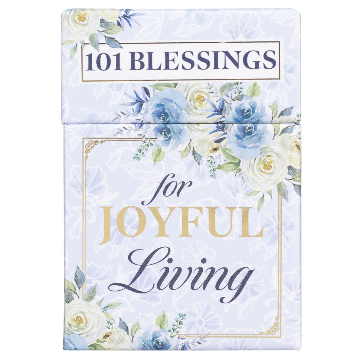 Frosty blue box with white and blue floral design titled 101 Blessings for Joyful Living with gold and navy text