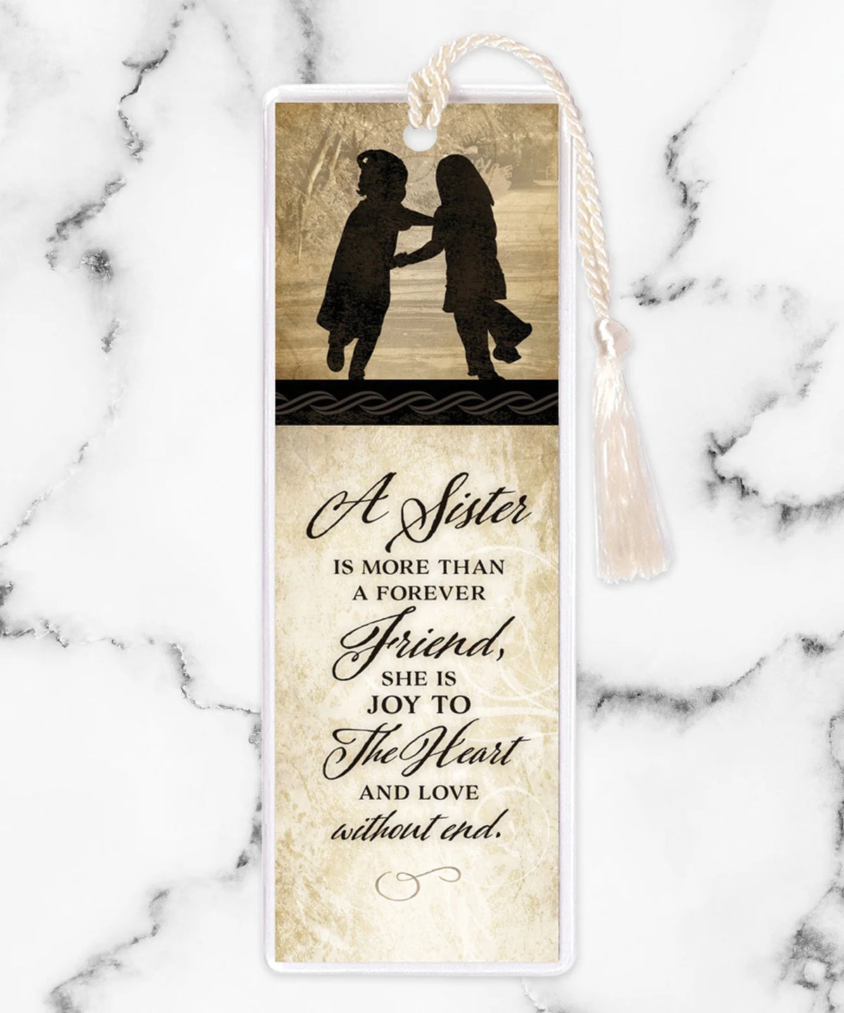 Rectangular bookmark with silhouette of two girls holding hands and quote about sisterly love with cream tassel