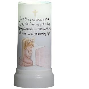 Now I Lay Me Down to Sleep night light projector shaped like a candle with praying girl illustration and prayer text