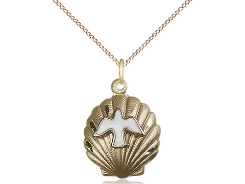 14kt Gold Filled Shell / Holy Spirit Pendant on an 18-Inch Gold Filled Light Curb Chain - JMJs Catholic Store, Inc