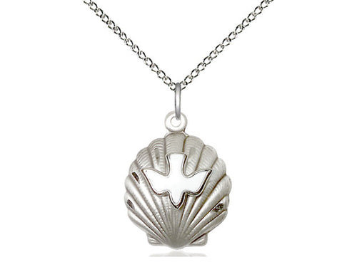 Sterling Silver Shell / Holy Spirit Pendant on an 18-Inch Sterling Silver Light Curb Chain - JMJs Catholic Store, Inc