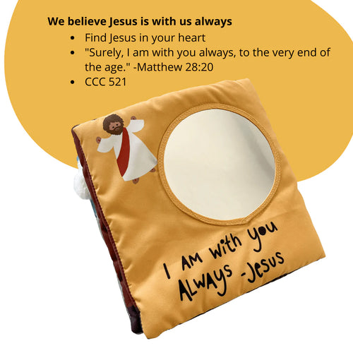 Yellow fabric "Where is Jesus" Mass quiet book with mirror and Jesus illustration on cover with scripture quote