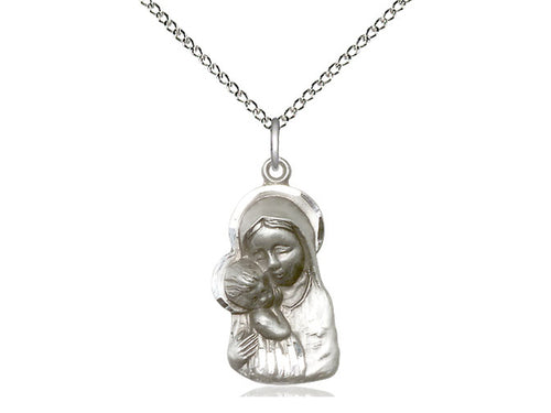 Sterling Silver Madonna & Child Pendant on an 18-Inch Sterling Silver Light Curb Chain - JMJs Catholic Store, Inc