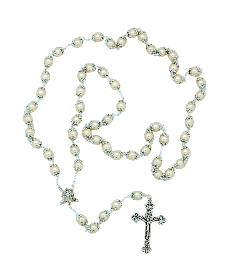 PA405 - 10mm Capped Glass Pearl Rosary - JMJs Catholic Store, Inc