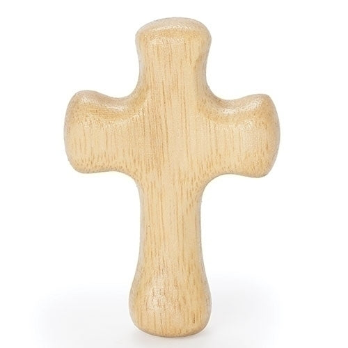 Handcrafted 2.5" wood comfort cross with smoothly rounded edges, designed for a comfortable hand feel and travel pouch included