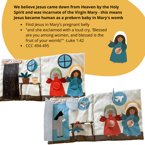 Soft fabric pages from Where is Jesus Mass Quiet Book showing Mary pregnant and Elizabeth with felt figures and Bible verse text