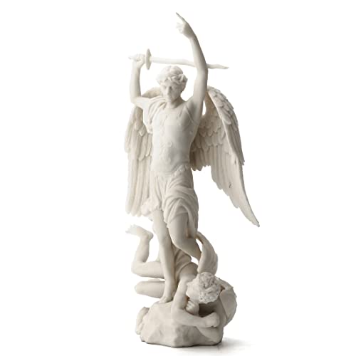 15" marble-like St. Michael statue in white resin, standing over defeated demon with raised sword and detailed wings