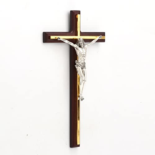 10 1/2" wooden wall cross with gold finish and detailed silver crucifix of Jesus Christ