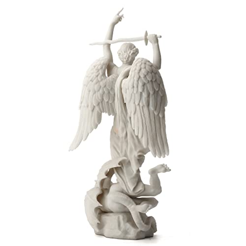 15" marble-like St. Michael statue in resin, standing over defeated demon, detailed wings and sword raised high