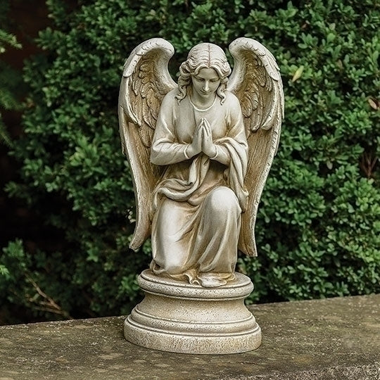 17.75" praying angel garden statue kneeling on round pedestal with flowing robes and detailed wings in serene pose