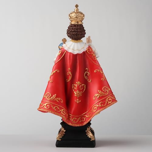 6 3/8" hand-painted Infant of Prague statue in polyresin with gold crown, detailed red and gold cloak, and black base