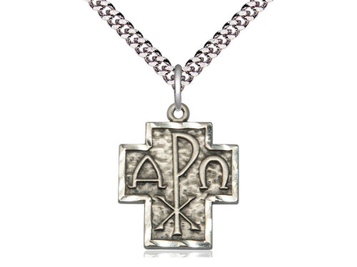 Sterling Silver Alpha & Omega Pendant on a 24-Inch Light Rhodium Heavy Curb Chain - JMJs Catholic Store, Inc