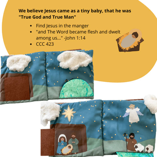 Soft fabric pages of Where is Jesus Mass Quiet Book showing nativity scene with baby Jesus, Mary, Joseph, and angel at night