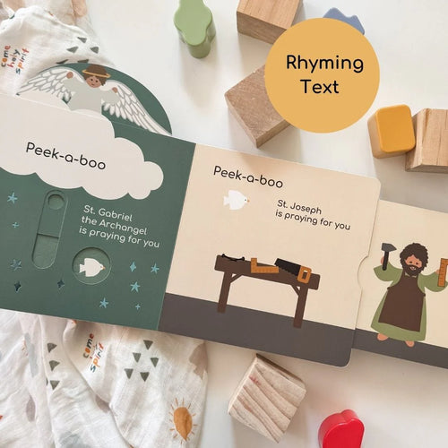 Interactive Catholic board book pages featuring St. Gabriel and St. Joseph with sliding peek-a-boo elements and rhyming text