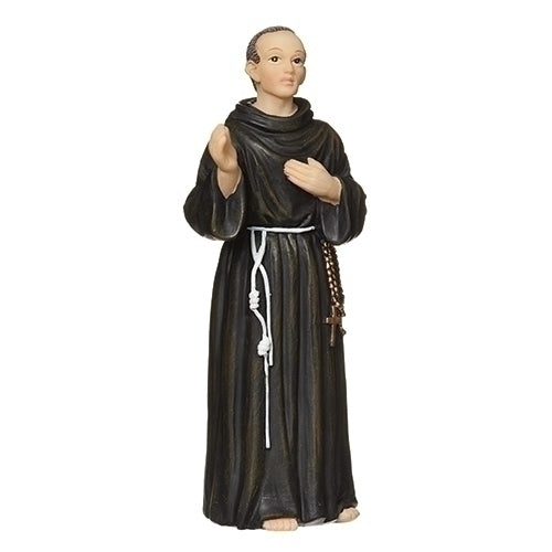 4-inch St. Maximilian Kolbe statue in brown Franciscan robe with white cord and wooden rosary detail, standing pose