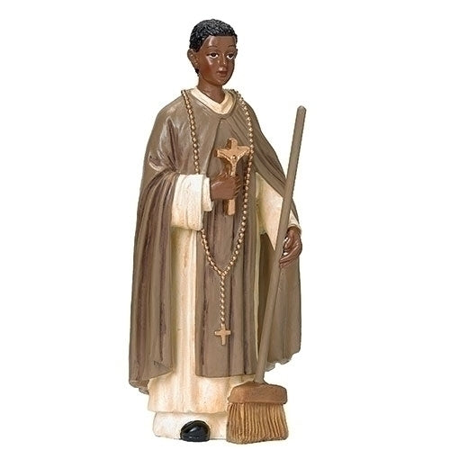 St. Martin de Porres 4-inch statue holding a cross and broom, wearing traditional robes with detailed features.