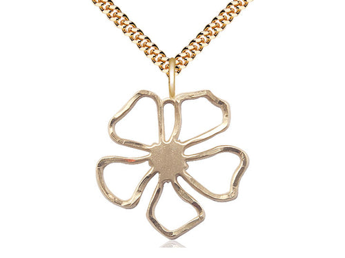 14kt Gold Filled Five Petal Flower Medal on a Gold Filled Heavy Curb Chain - JMJs Catholic Store, Inc