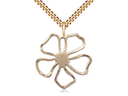 14kt Gold Filled Five Petal Flower Medal on a Gold Filled Heavy Curb Chain - JMJs Catholic Store, Inc