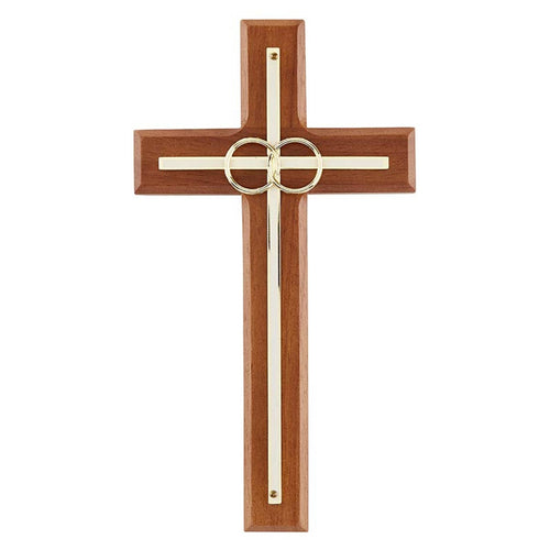 Overlay Wedding Cross With Gold Rings: Wood, Gold Plate / 4-1/2" W x 8" H - JMJs Catholic Store, Inc