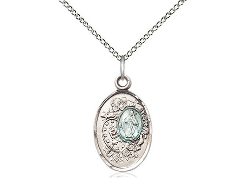 Sterling Silver Miraculous Pendant on an 18-Inch Sterling Silver Light Curb Chain - JMJs Catholic Store, Inc
