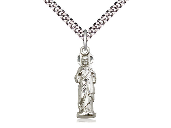 Sterling Silver Sacred Heart Pendant on a 24-Inch Light Rhodium Heavy Curb Chain - JMJs Catholic Store, Inc