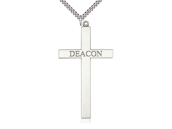 Sterling Silver Deacon Cross Pendant on a 24-Inch Light Rhodium Heavy Curb Chain - JMJs Catholic Store, Inc