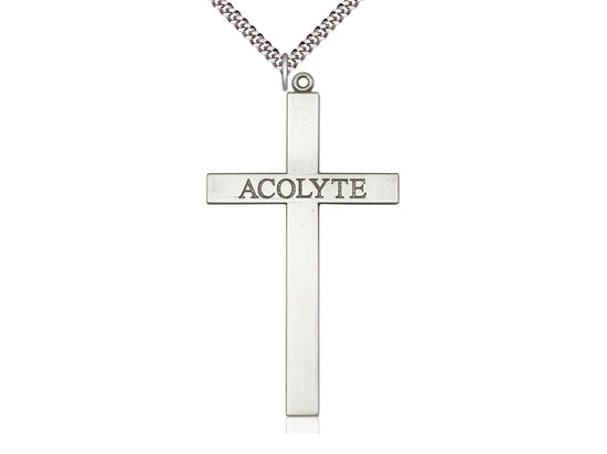 Sterling Silver Acolyte Cross Pendant on a 24-Inch Light Rhodium Heavy Curb Chain - JMJs Catholic Store, Inc