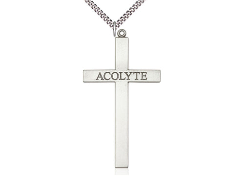 Sterling Silver Acolyte Cross Pendant on a 24-Inch Light Rhodium Heavy Curb Chain - JMJs Catholic Store, Inc