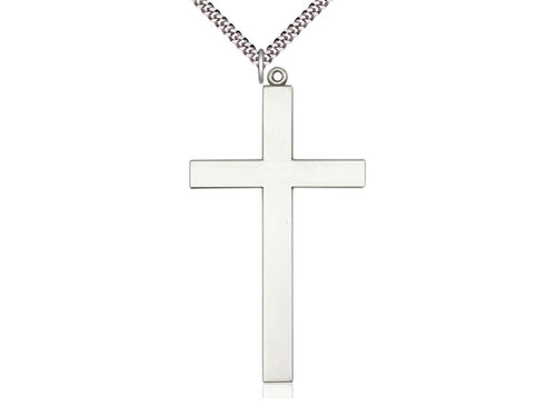 Sterling Silver Cross Pendant on a 24-Inch Light Rhodium Heavy Curb Chain - JMJs Catholic Store, Inc