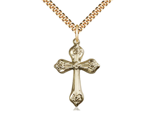 14kt Gold Filled Cross Pendant on a 24-Inch Gold Plate Heavy Curb Chain - JMJs Catholic Store, Inc