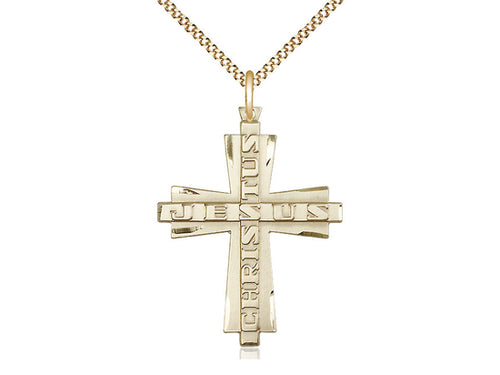 14kt Gold Filled Jesus Christus Cross Pendant on a Gold Plate Chain - JMJs Catholic Store, Inc