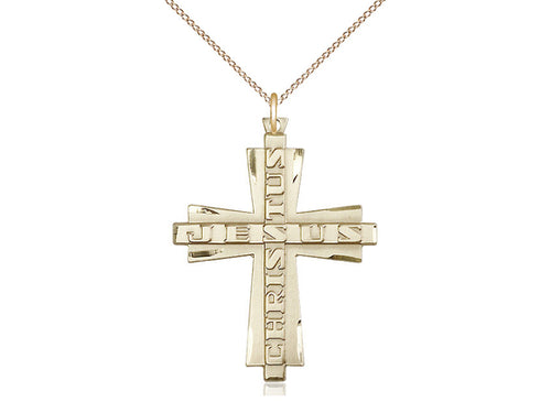 14kt Gold Filled Jesus Christus Cross Pendant on a Gold Plate Chain - JMJs Catholic Store, Inc