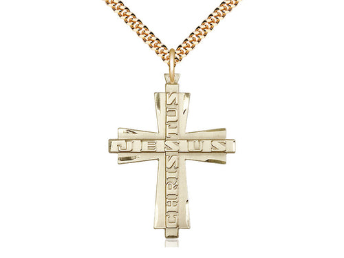 14kt Gold Filled Jesus Christus Cross Pendant on a Gold Plate Chain - JMJs Catholic Store, Inc
