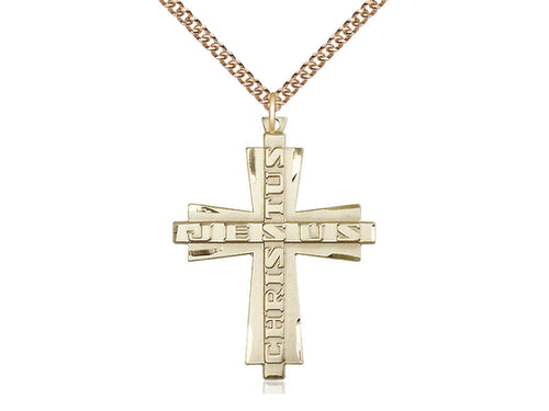 14kt Gold Filled Jesus Christus Cross Pendant on a Gold Plate Chain - JMJs Catholic Store, Inc