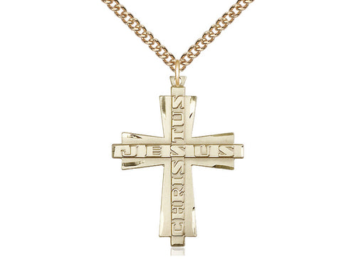 14kt Gold Filled Jesus Christus Cross Pendant on a Gold Plate Chain - JMJs Catholic Store, Inc