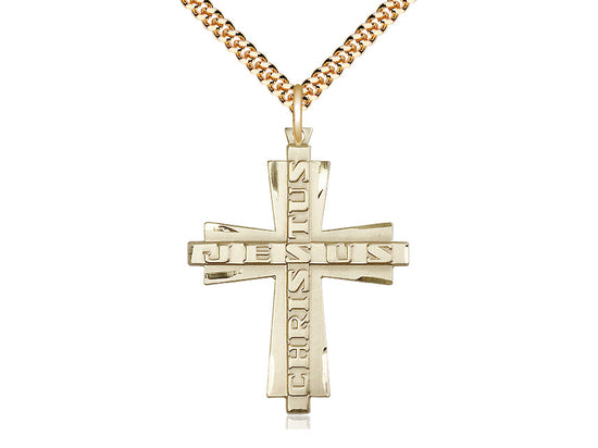 14kt Gold Filled Jesus Christus Cross Pendant on a Gold Plate Chain - JMJs Catholic Store, Inc
