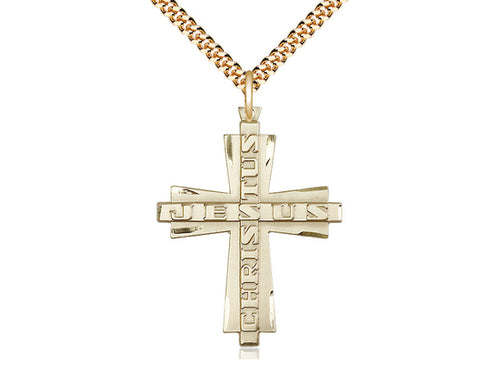 14kt Gold Filled Jesus Christus Cross Pendant on a Gold Plate Chain - JMJs Catholic Store, Inc