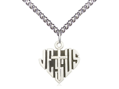 Sterling Silver Heart of Jesus w/Cross Pendant on a Sterling Silver Chain - JMJs Catholic Store, Inc