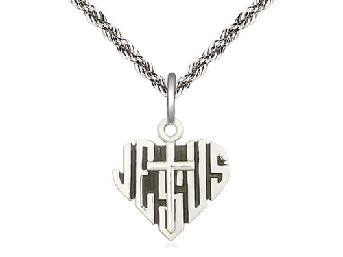 Sterling Silver Heart of Jesus w/Cross Pendant on a Sterling Silver Chain - JMJs Catholic Store, Inc