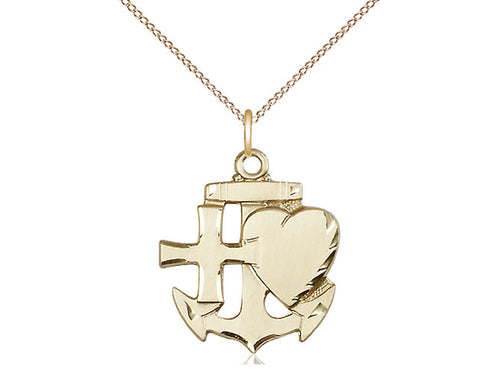 14kt Gold Filled Faith, Hope & Charity Pendant on an 18-Inch Gold Filled Light Curb Chain - JMJs Catholic Store, Inc