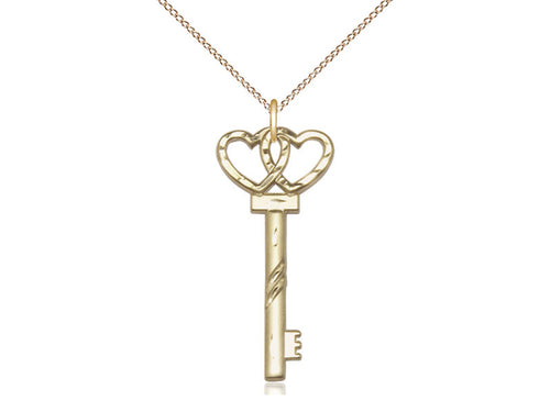 14kt Gold Filled Small Key with Double Heart Pendant on an 18-Inch Gold Filled Light Curb Chain - JMJs Catholic Store, Inc
