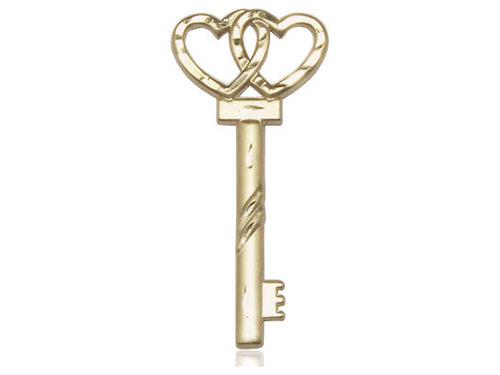 14kt Gold Filled Small Key with Double Heart Pendant on an 18-Inch Gold Filled Light Curb Chain - JMJs Catholic Store, Inc